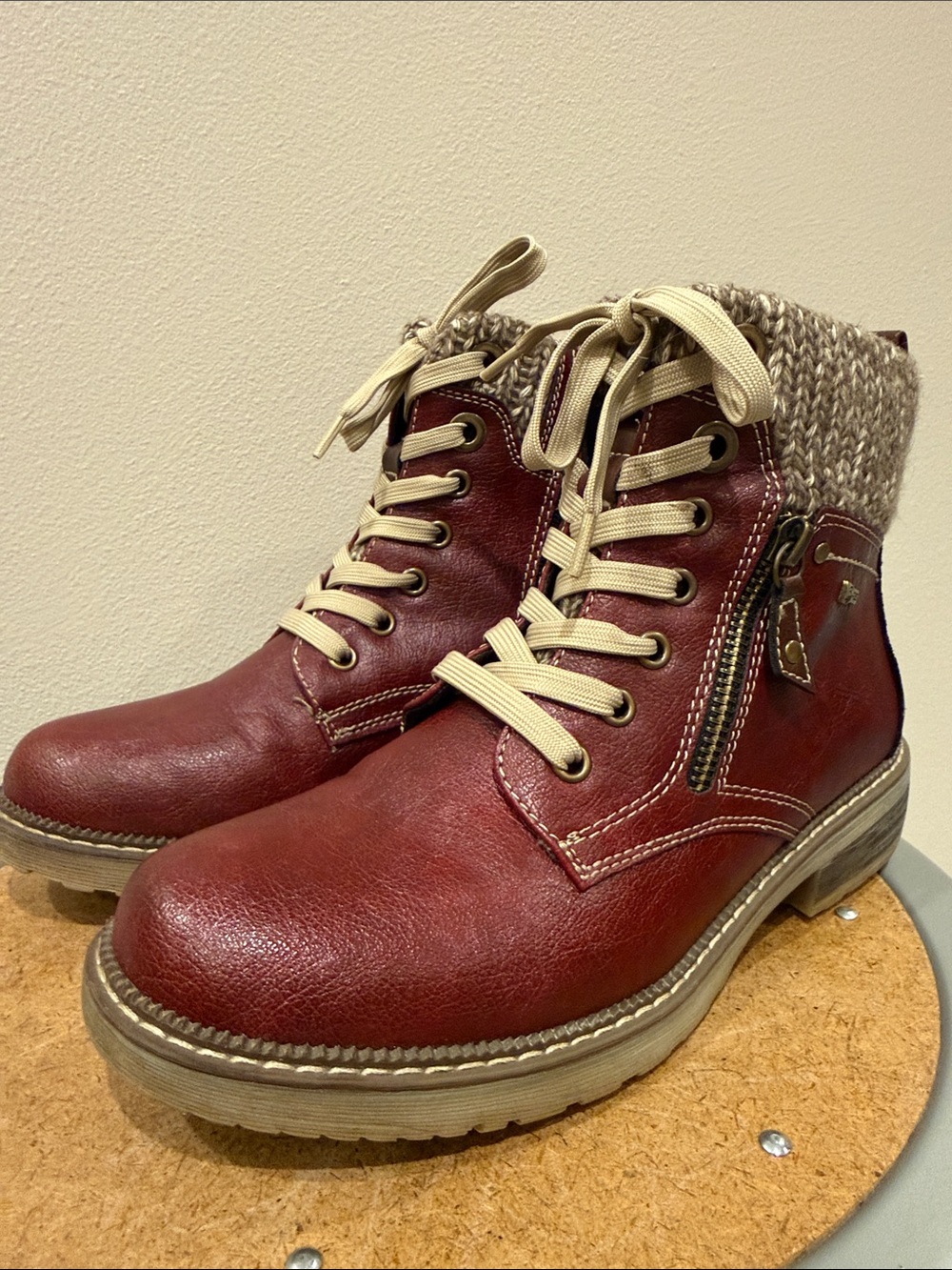 Spring Step Khazera Burgundy Lace-Up Knit-Cuff Ankle Boots